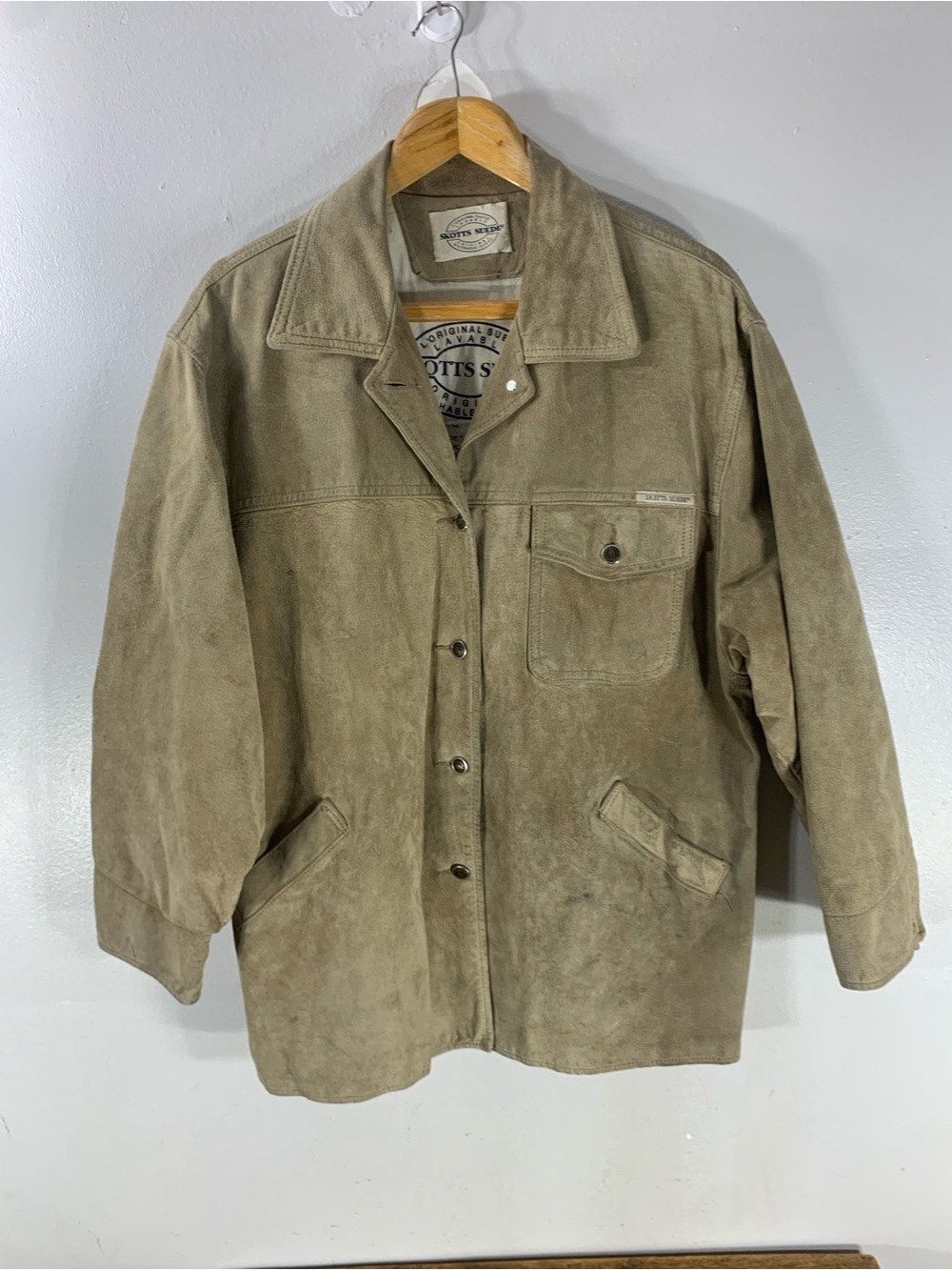 Vintage Skotts Suede Safari Jacket Tan Beige Washable Suede Utility Jacke